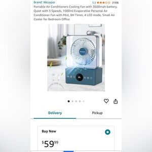 Portable Air Conditioners Cooling Fan with 3600mah battery, Quiet with 3 Speeds,